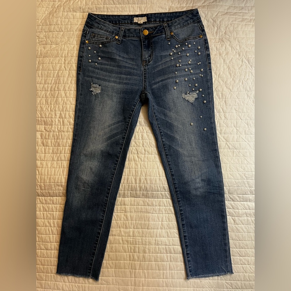 Easel Los Angeles cropped distressed pearl embellished jeans